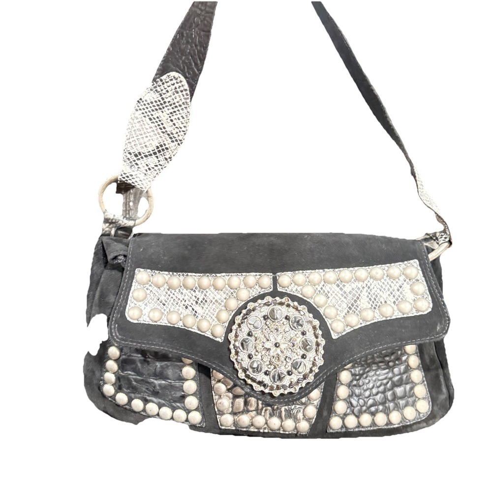 Leatherock Purse Leather Studded Suede Boho Shoulder Handbag Black Silver